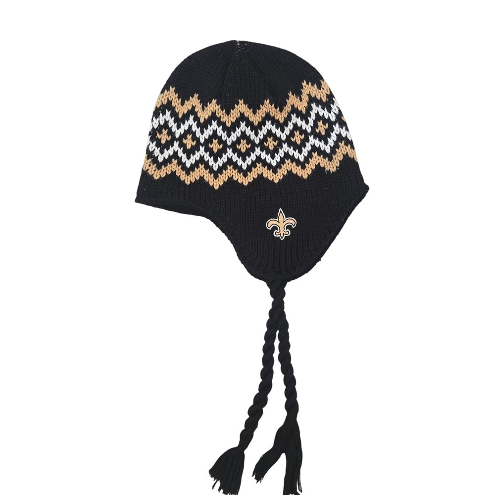 New Orleans Saints NFL Knit Ear Flap Hat with Tassels Fair Isle Logo